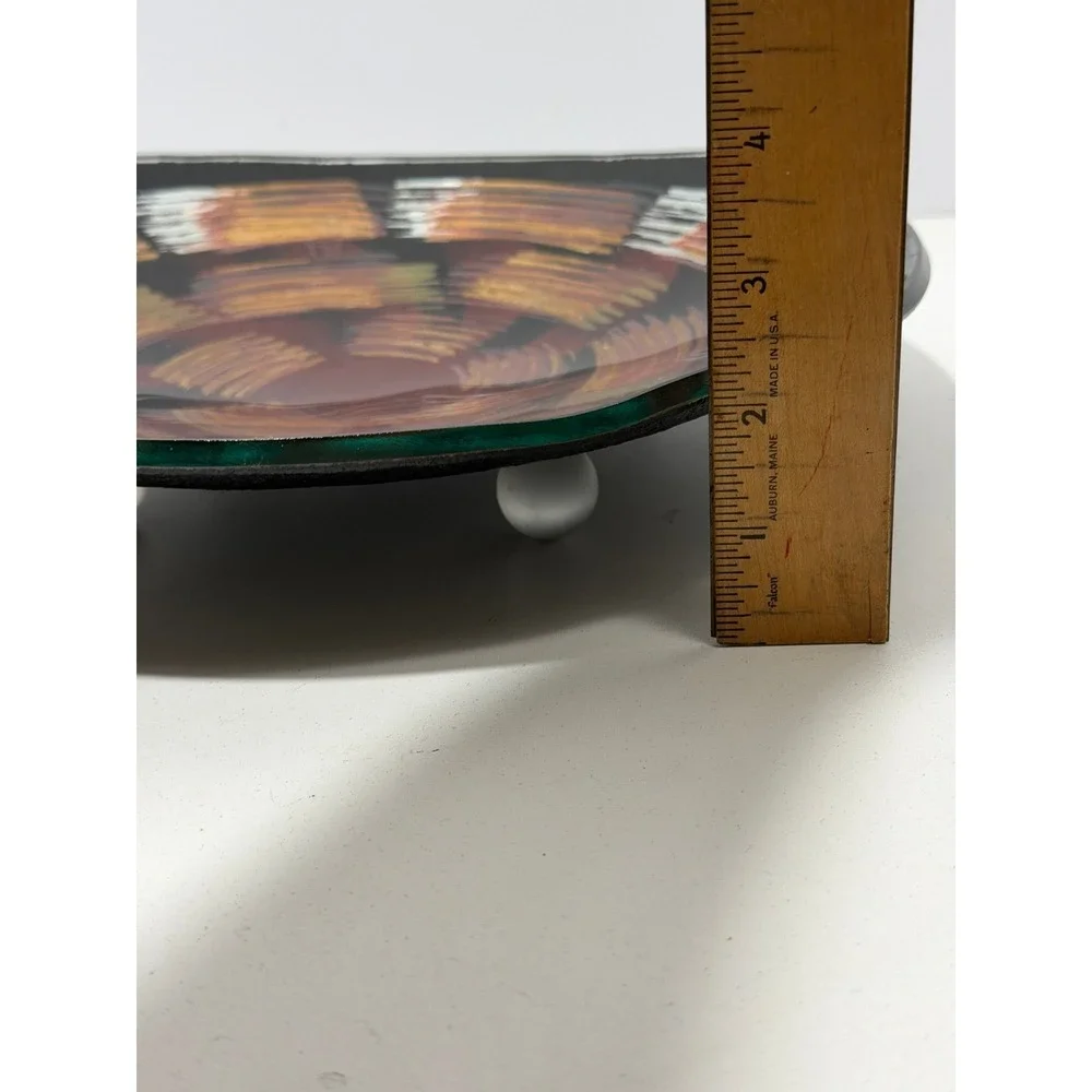 Signed Studio Art Glass Hand Painted Abstract Swirl Plate Black Gold‎ 11.5 Inch